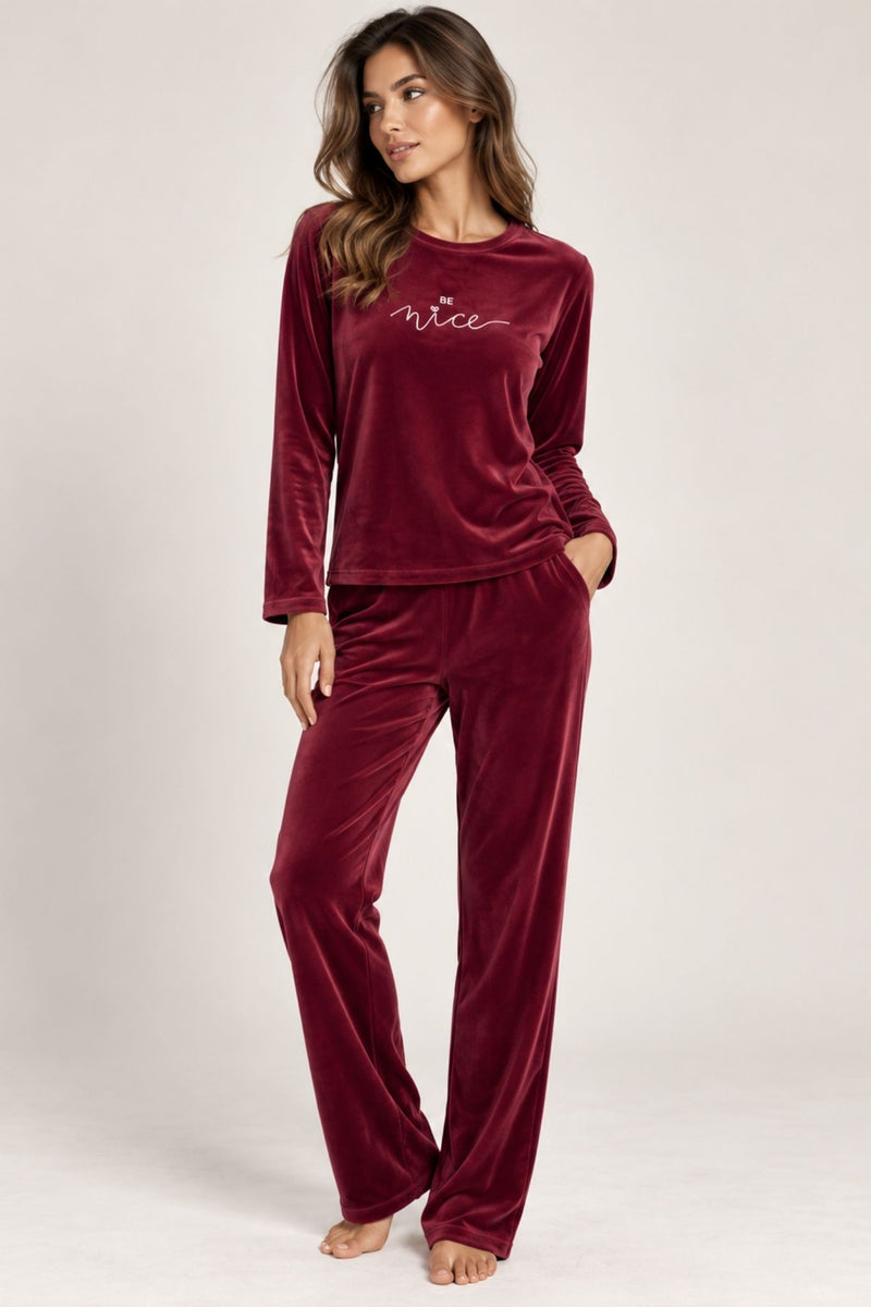 Дамска кадифена пижама LANA VELVET BURGUNDY блуза с дълъг ръкав и панталон