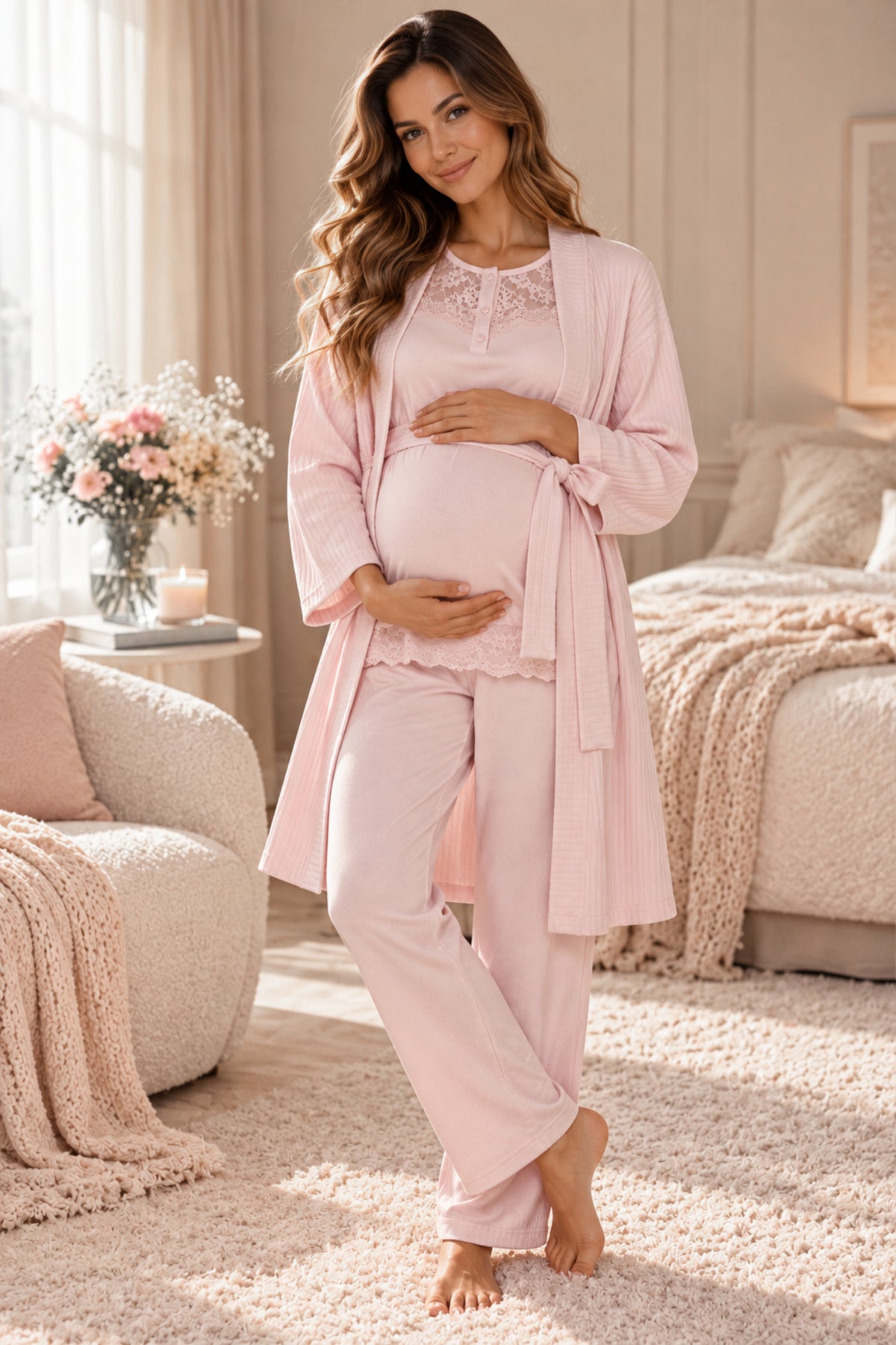 Дамски комплект SELENA PINK COZY от три части халат, блуза и панталон
