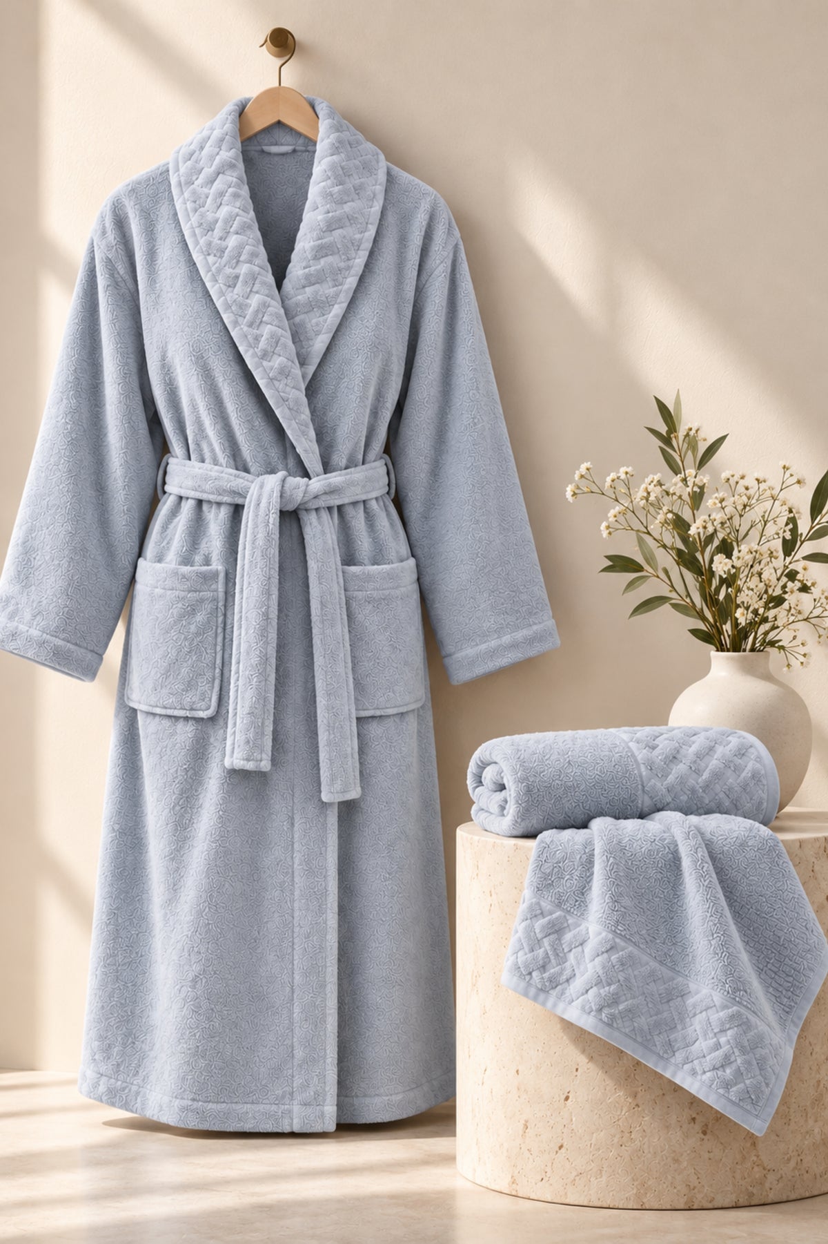 Луксозен спа комплект от три части Spa Trio Set PEARL GREY унисекс халат, две кърпи и подарък сапун