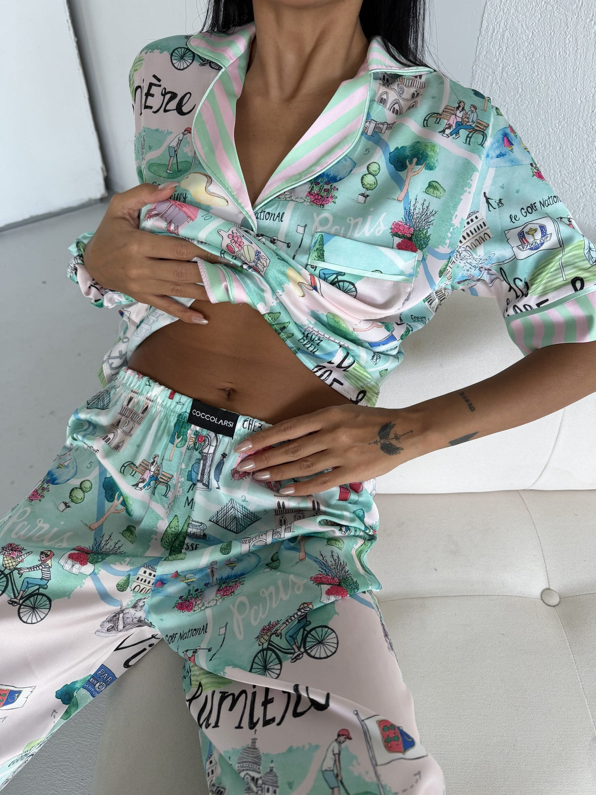 Пижама комплект CLARA BONJOUR MINT с къс ръкав и панталон от сатен