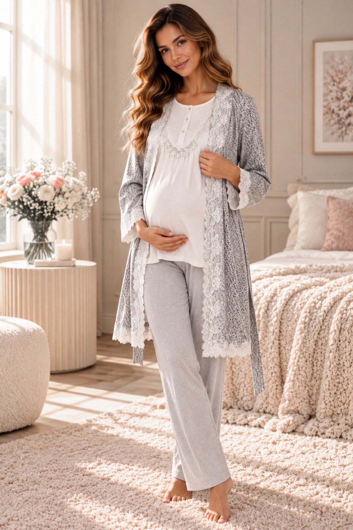Дамски комплект ALBA LIGHT GREY COZY от три части халат, блуза и панталон