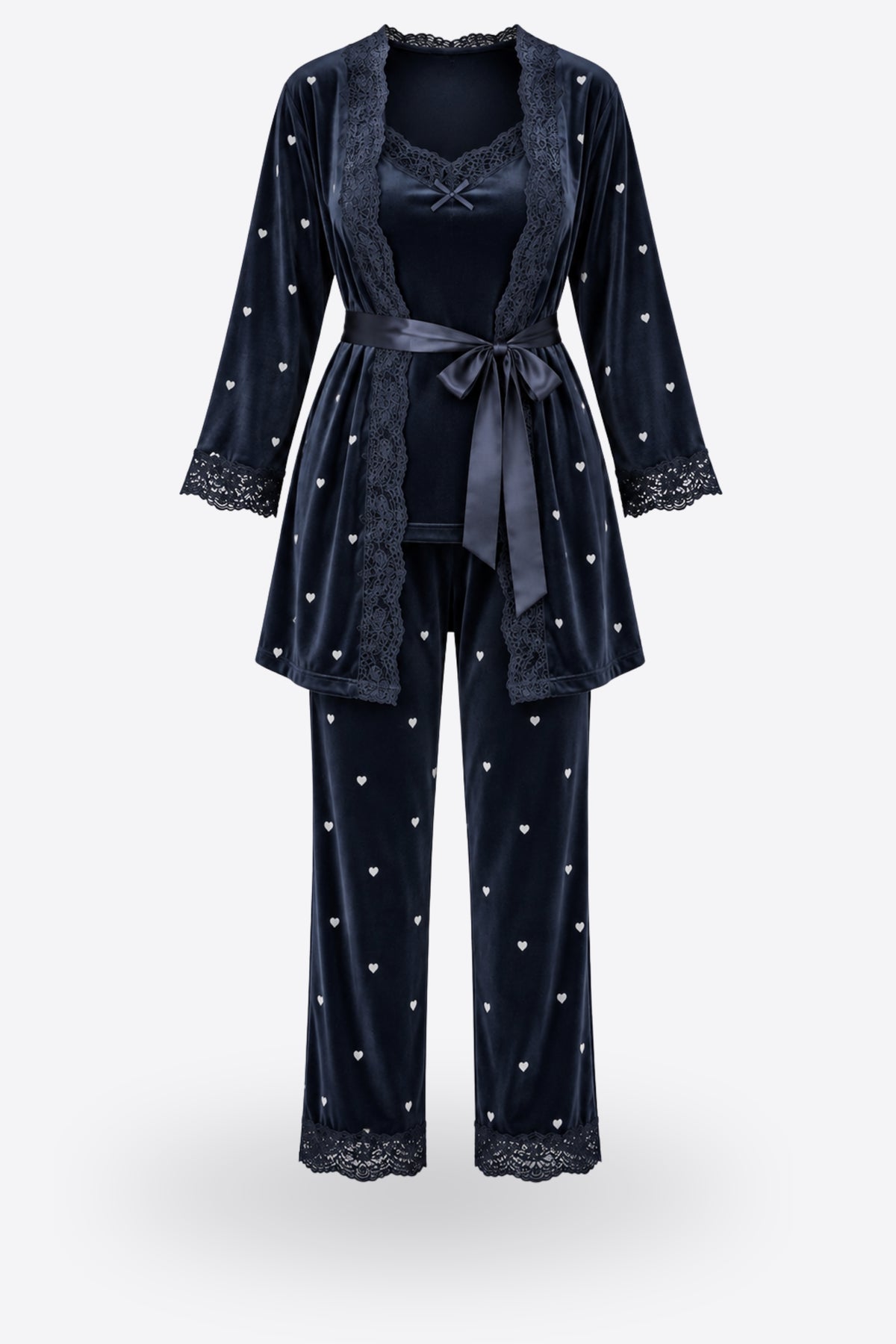 Дамски кадифен комплект от три части ALONDRA NAVY LOVE халат, корсаж и панталон
