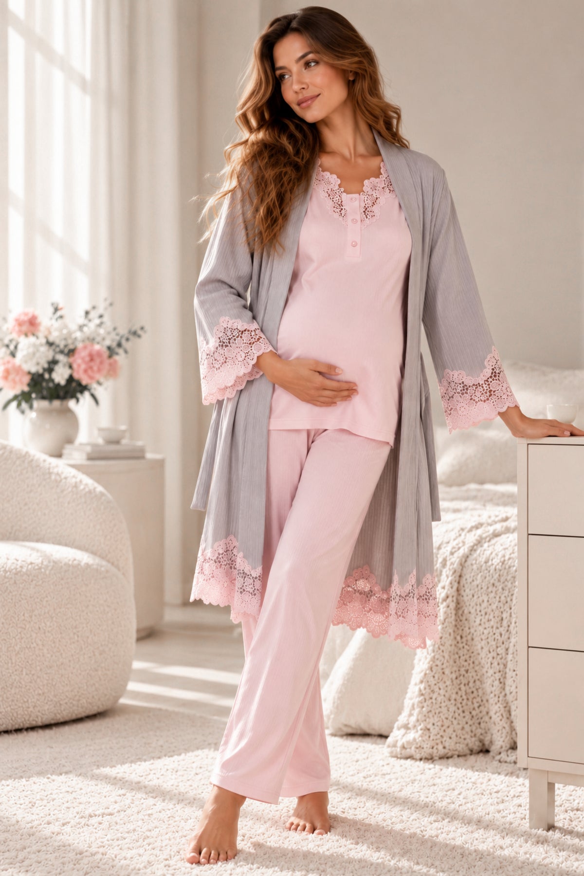 Дамски комплект AMARA BABY PINK/GREY от три части халат, блуза и панталон