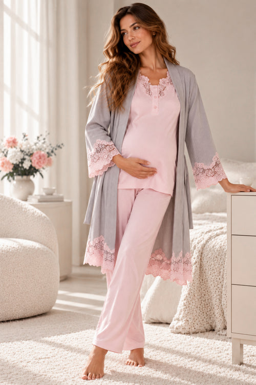 Дамски комплект AMARA BABY PINK/GREY от три части халат, блуза и панталон