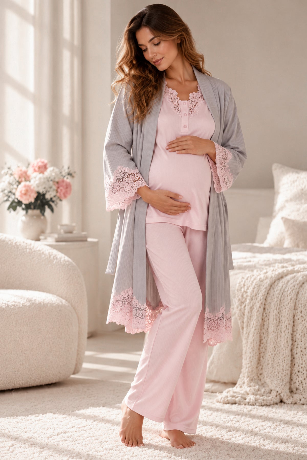Дамски комплект AMARA BABY PINK/GREY от три части халат, блуза и панталон