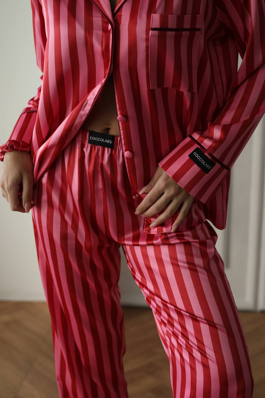 Пижама комплект ELARA CHERRY STRIPE дълъг панталон и риза с копчета от сатен