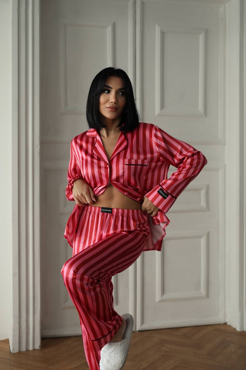 Пижама комплект ELARA CHERRY STRIPE дълъг панталон и риза с копчета от сатен