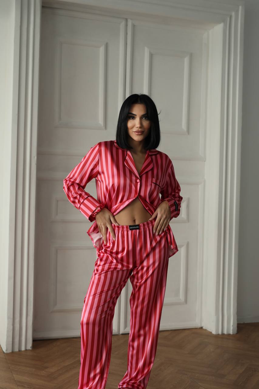 Пижама комплект ELARA CHERRY STRIPE дълъг панталон и риза с копчета от сатен
