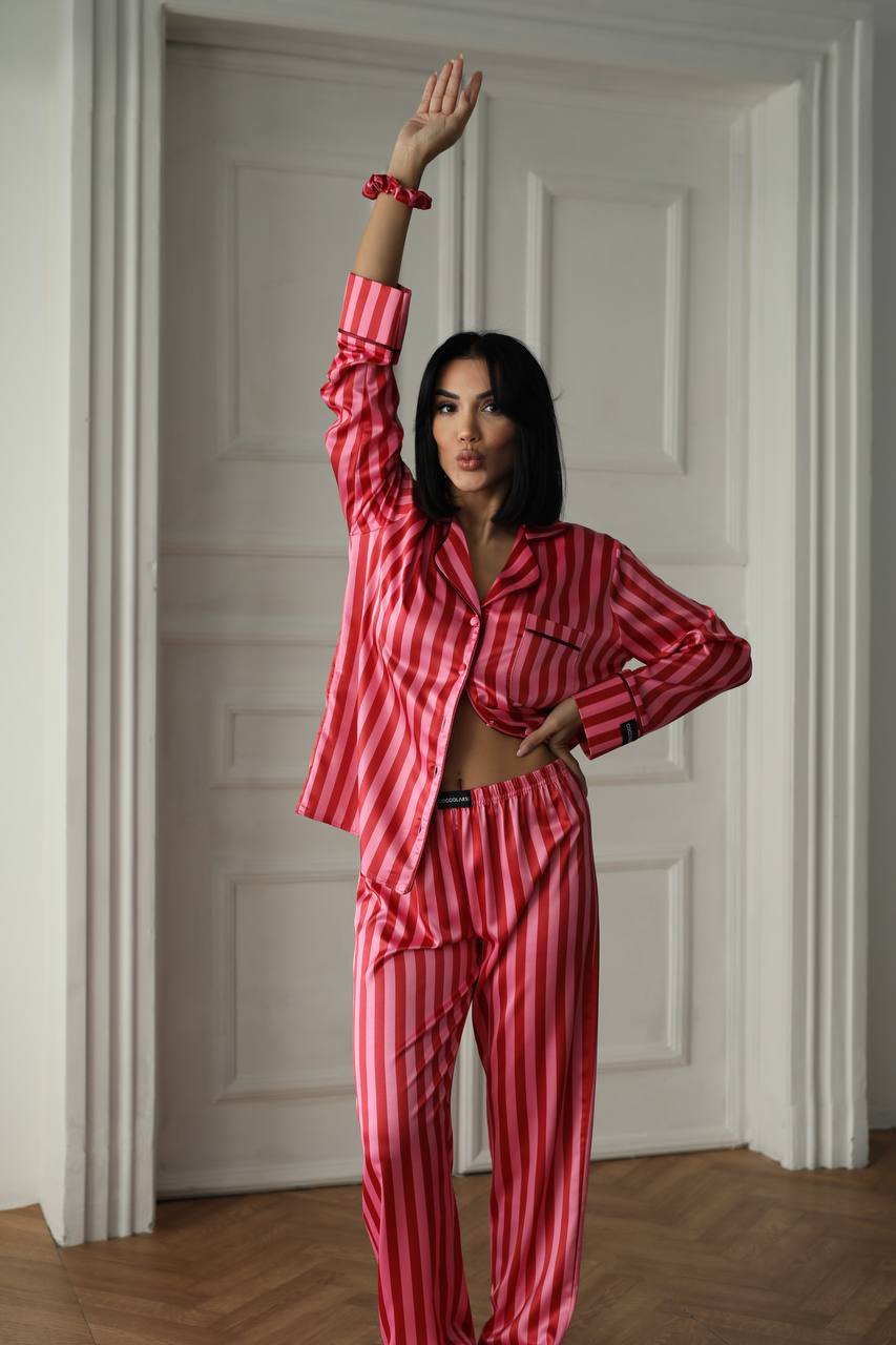 Пижама комплект ELARA CHERRY STRIPE дълъг панталон и риза с копчета от сатен