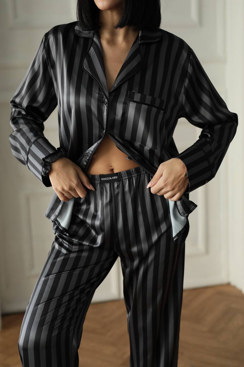 Пижама комплект ELARA BLACK STRIPES дълъг панталон и риза с копчета от сатен