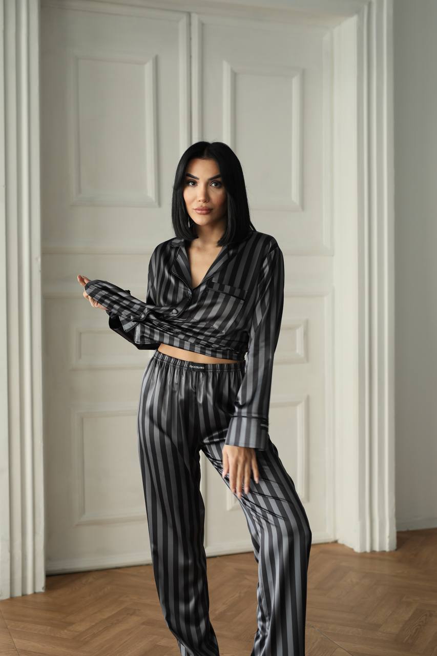 Пижама комплект ELARA BLACK STRIPES дълъг панталон и риза с копчета от сатен
