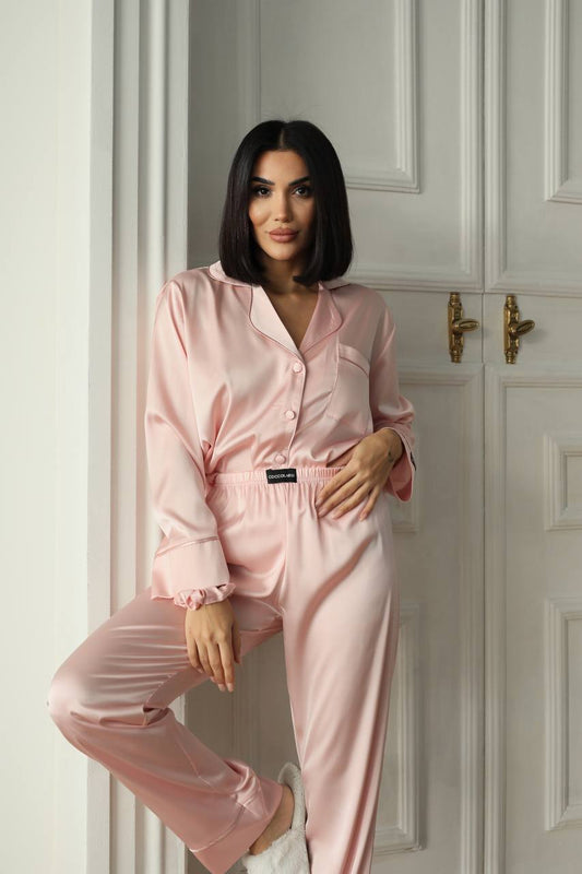 Пижама комплект ELARA BLUSH дълъг панталон и риза с копчета от сатен