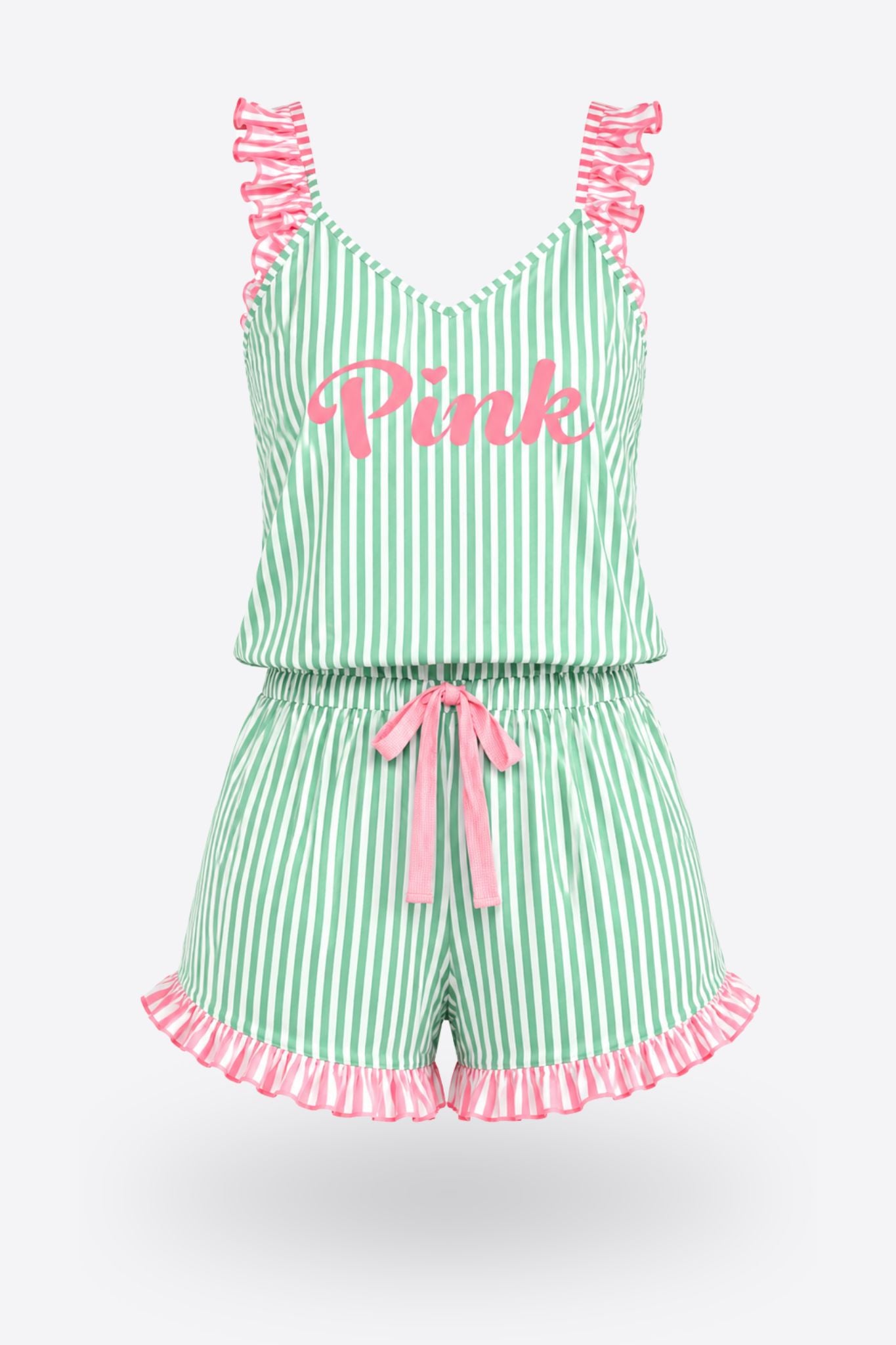 Пижама комплект PINK MINT с волани и къси панталонки от памук