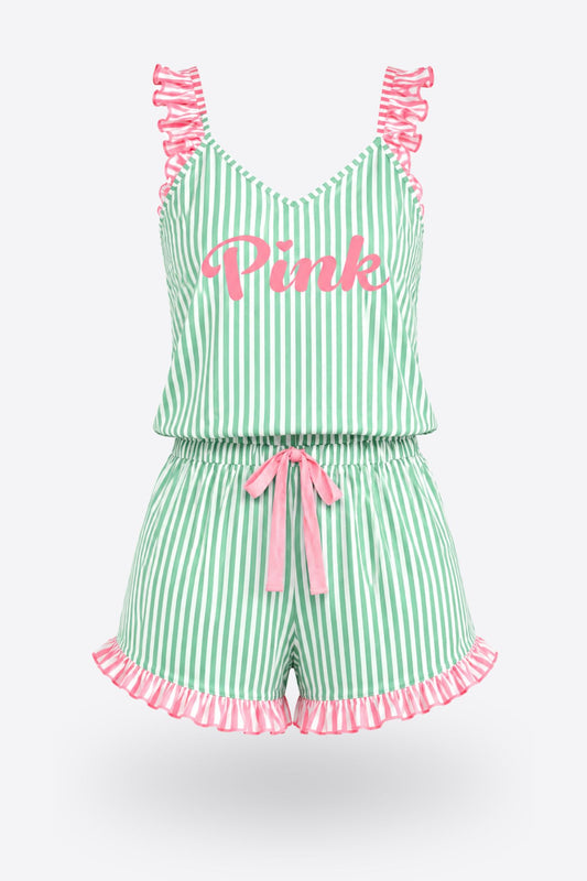 Пижама комплект PINK MINT с волани и къси панталонки от памук