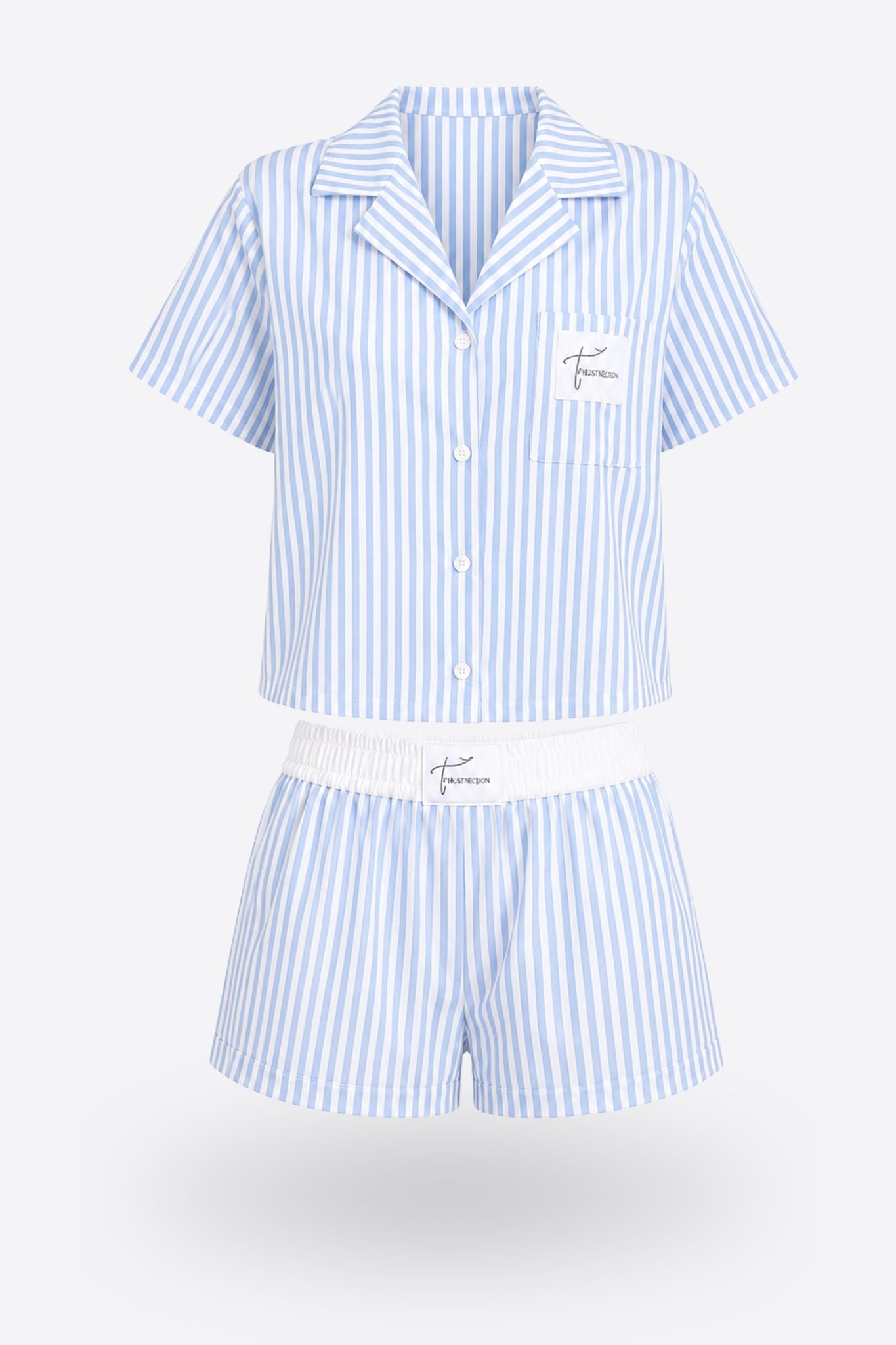Дамска пижама STRIPE BLUE от 100% памук с риза и къси панталони