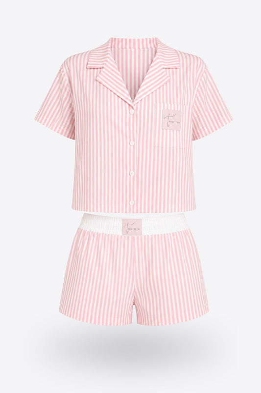Дамска пижама STRIPE PINK от 100% памук с риза и къси панталони
