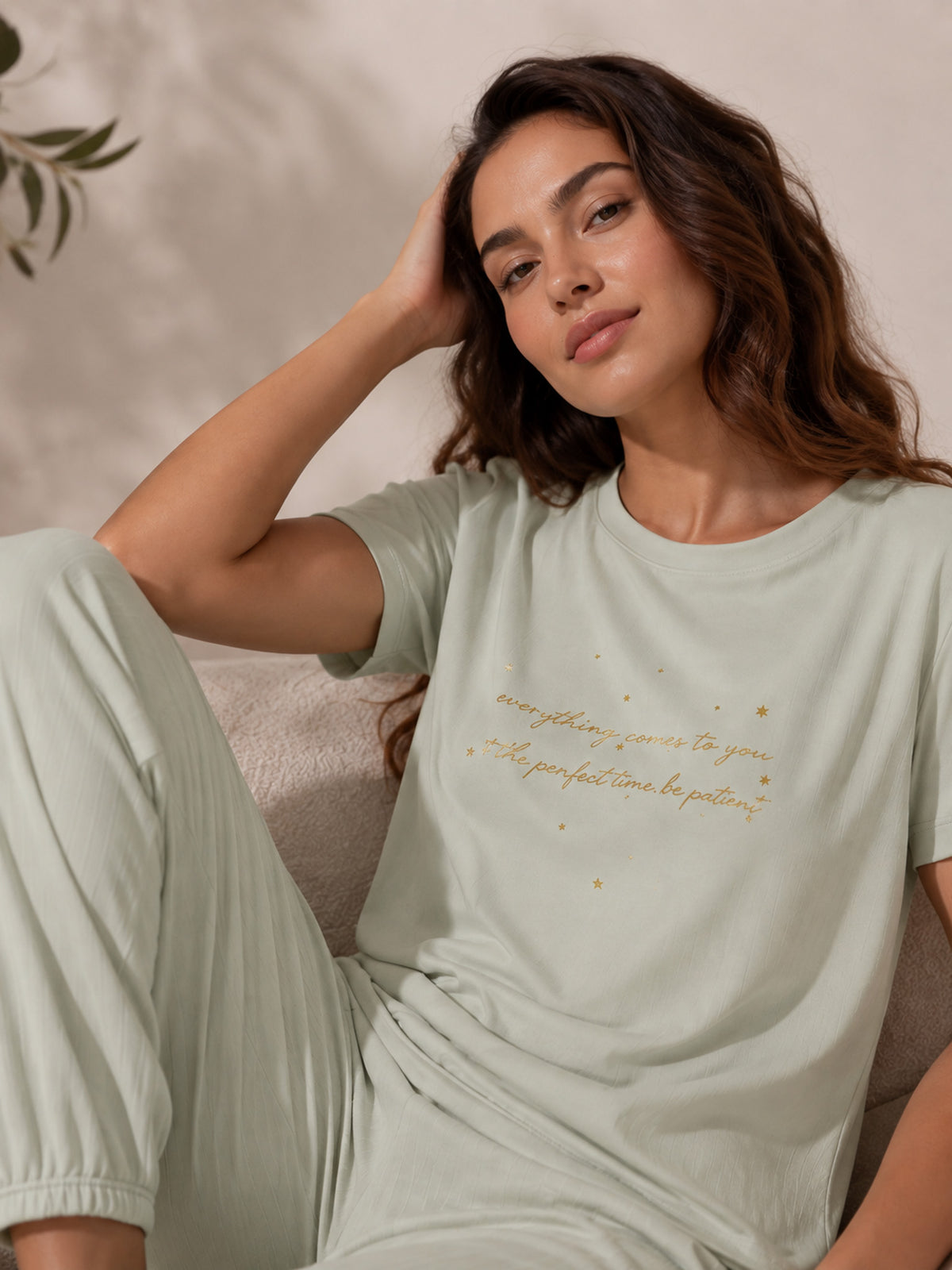 Пижама комплект KIMBERLY MINT от памук с тениска и дълъг панталон