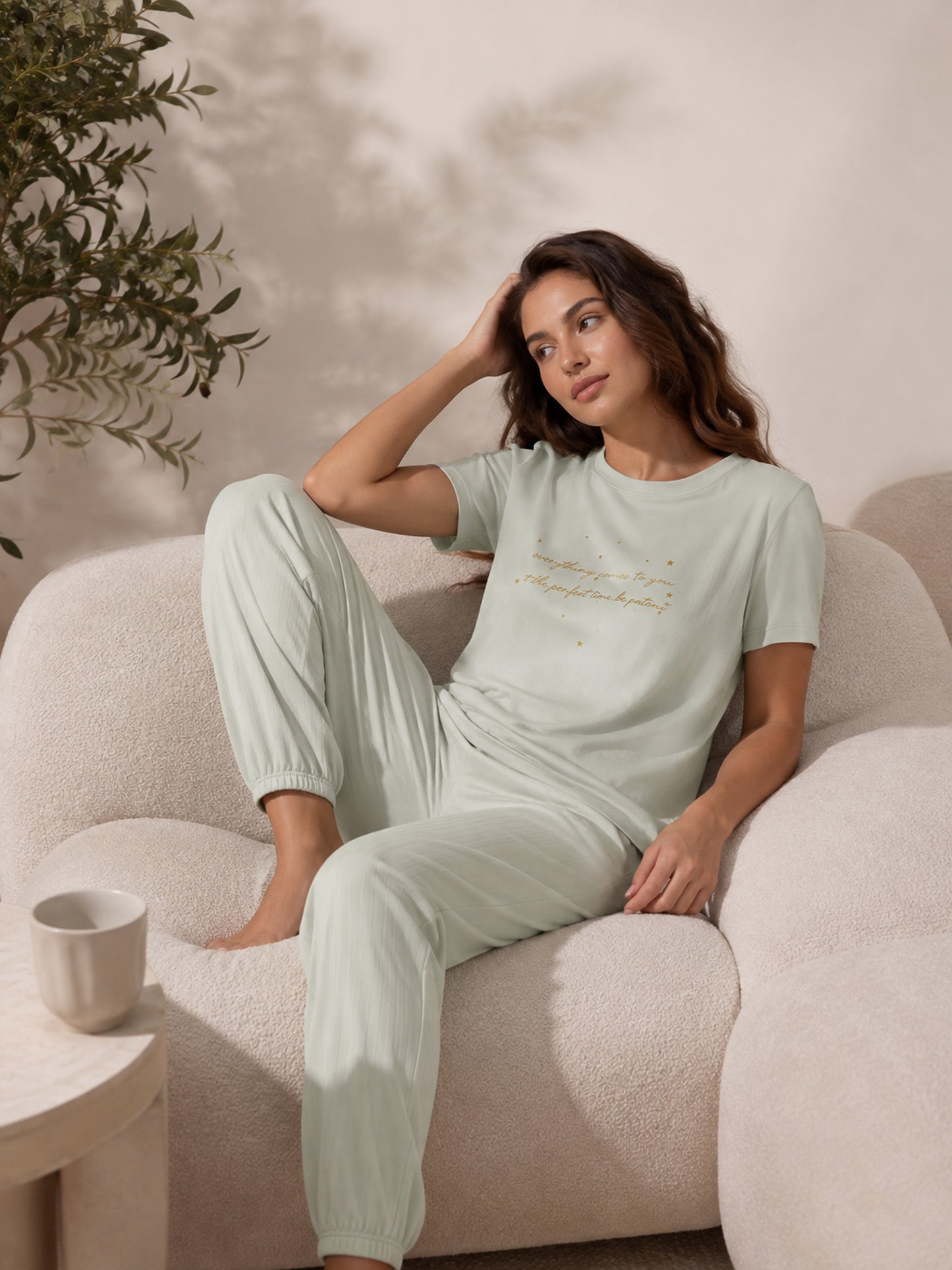 Пижама комплект KIMBERLY MINT от памук с тениска и дълъг панталон
