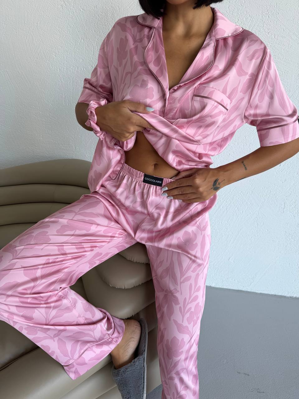 Пижама комплект LILIA PASTEL PINK с къс ръкав и панталон от сатен