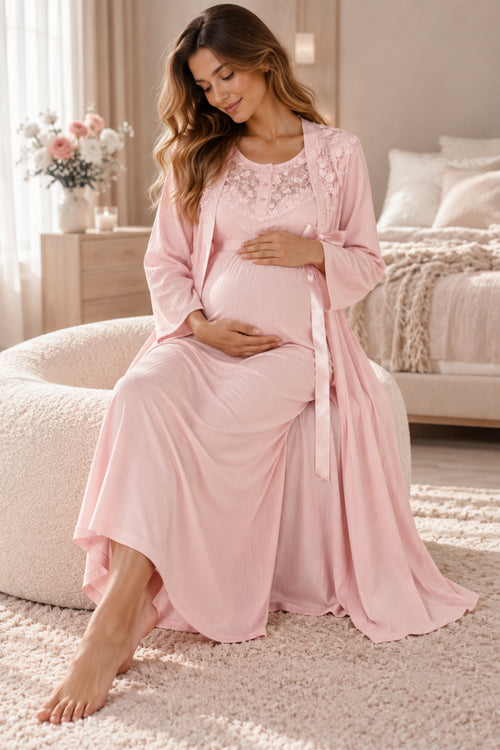 Дамски комплект халат и нощница NAIA BABY PINK от две части фино плетиво