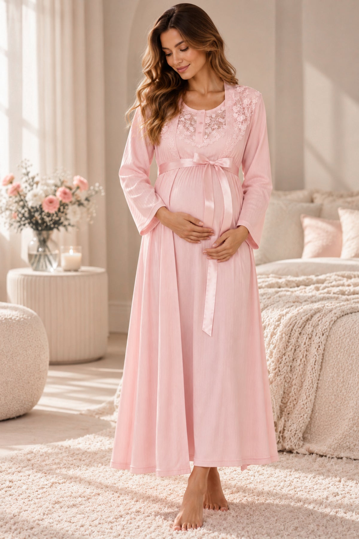 Дамски комплект халат и нощница NAIA BABY PINK от две части фино плетиво