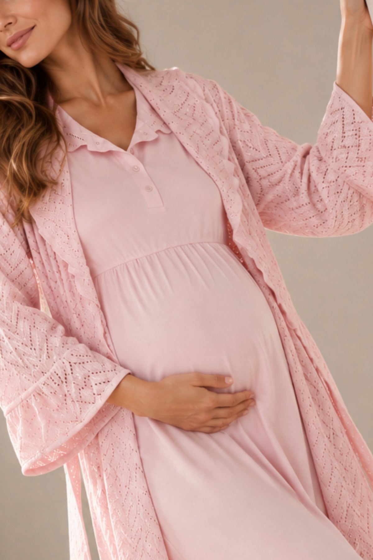 Дамски комплект халат и нощница NOA BABY PINK от две части фино плетиво