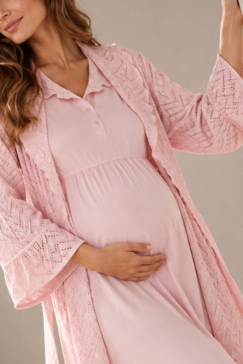Дамски комплект халат и нощница NOA BABY PINK от две части фино плетиво