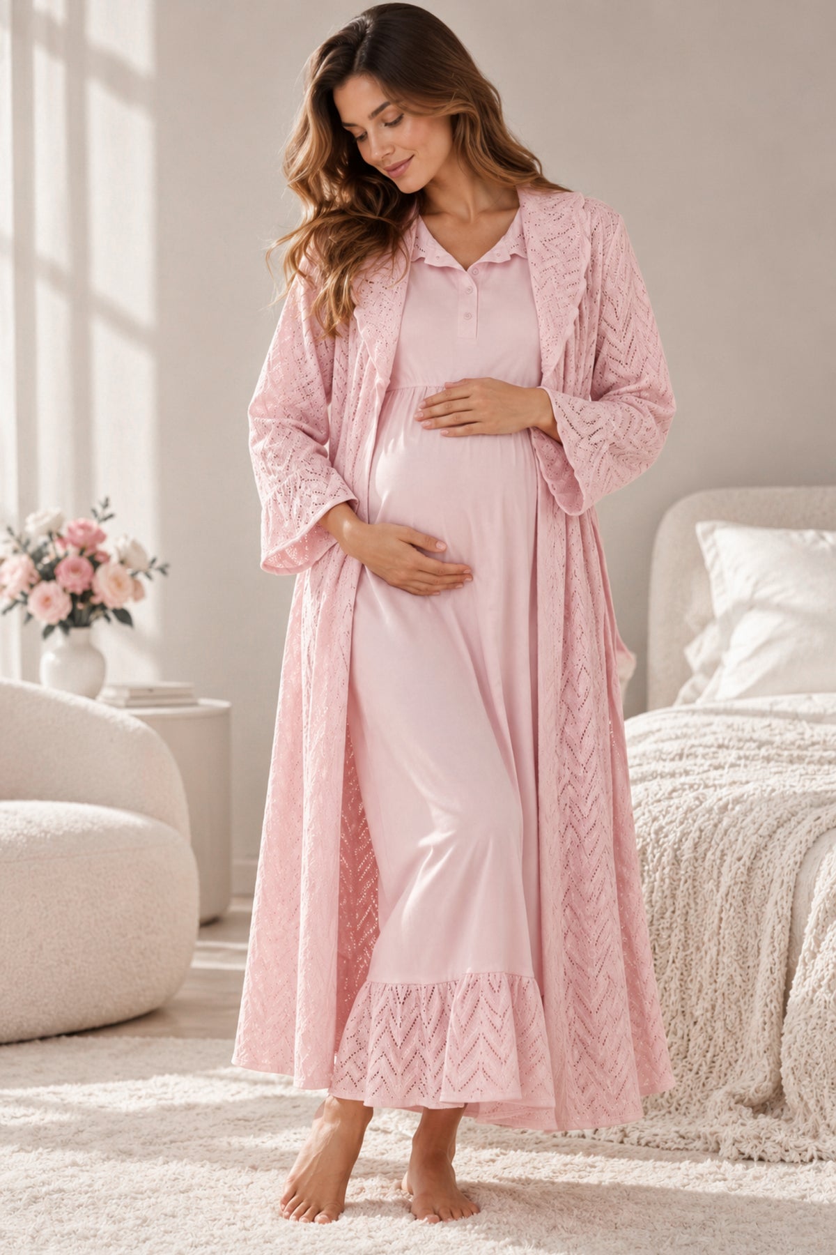 Дамски комплект халат и нощница NOA BABY PINK от две части фино плетиво