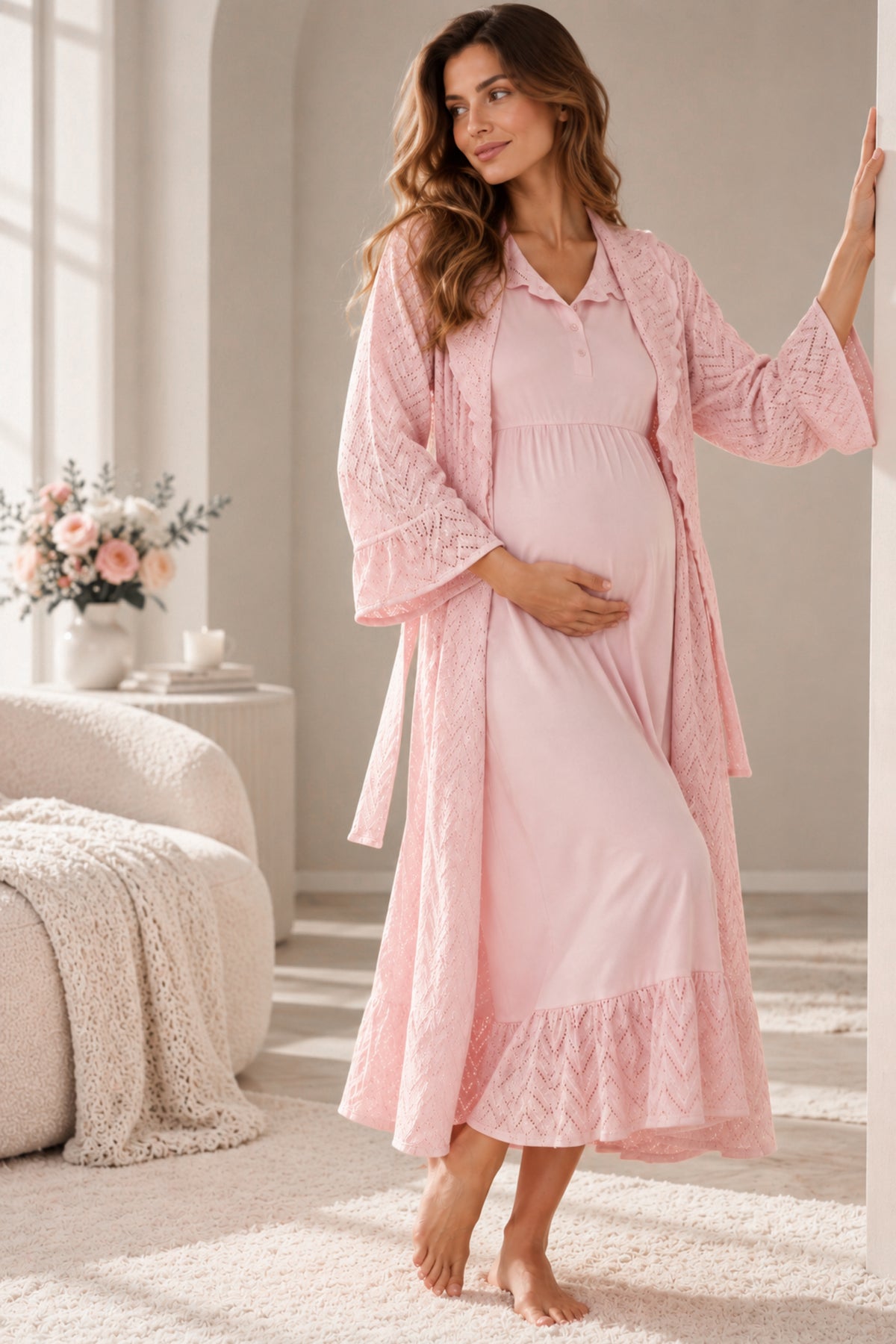 Дамски комплект халат и нощница NOA BABY PINK от две части фино плетиво