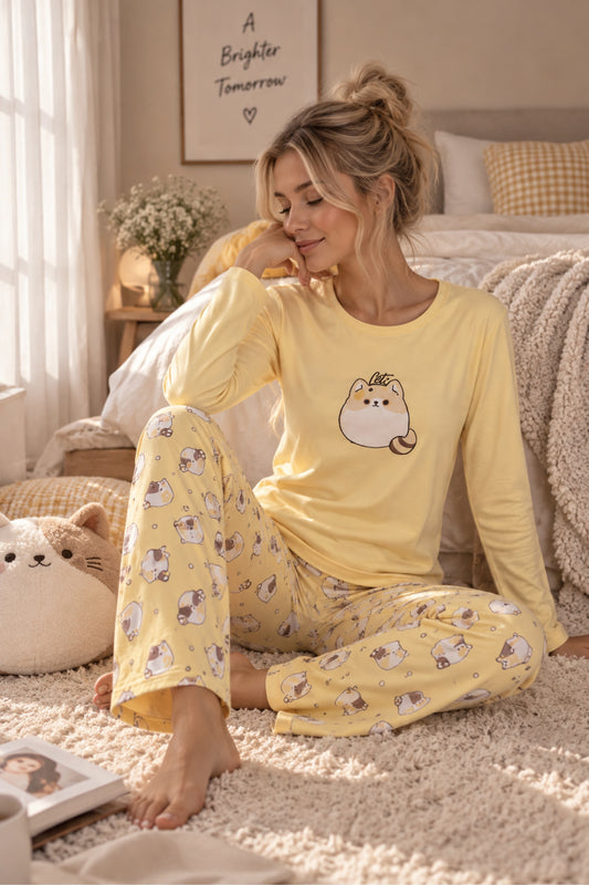 Дамска зимна пижама COCO HONEY CAT от две части блуза с дълъг ръкав и панталон