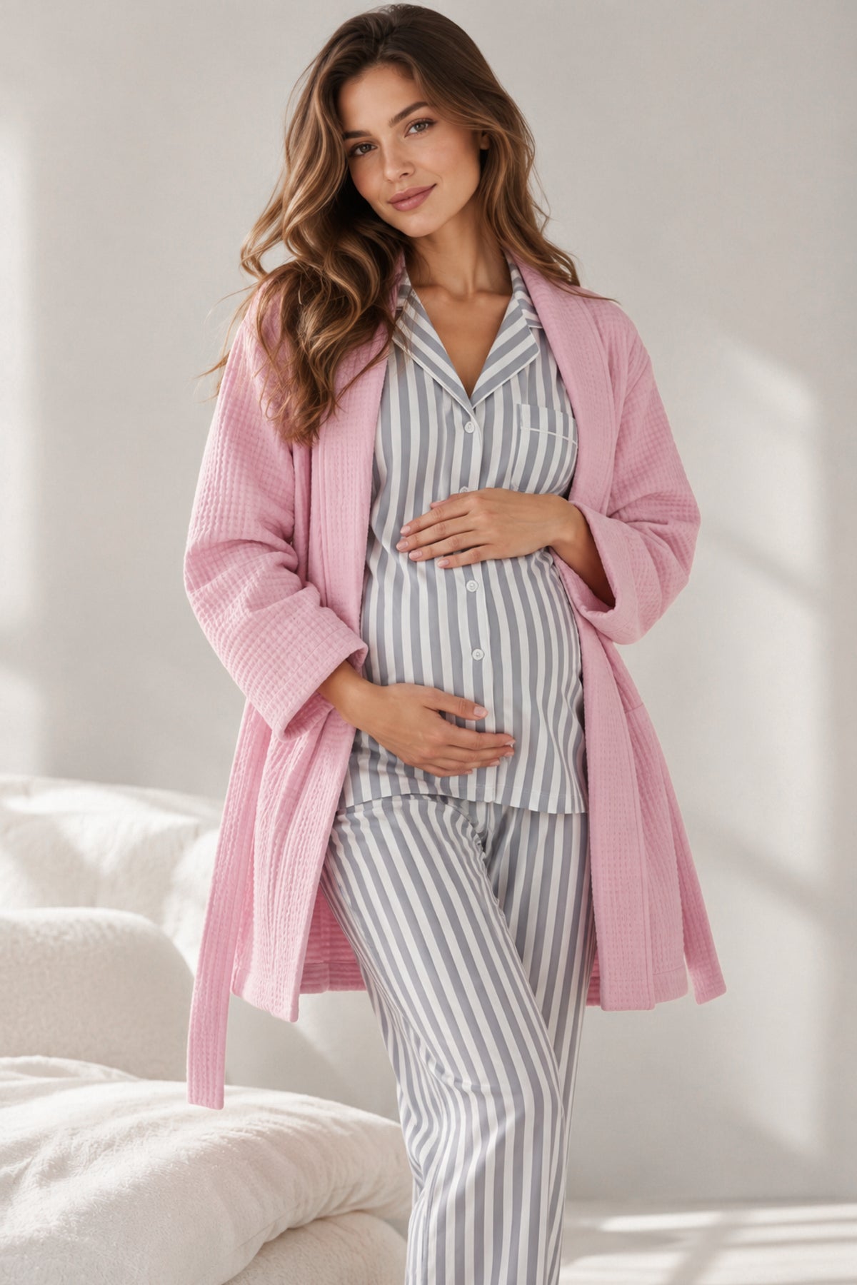 Дамски комплект ROCIO GREY STRIPES от три части халат, риза и панталон