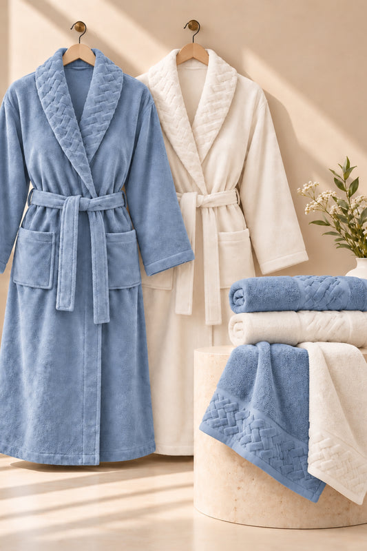 Луксозен спа комплект за двама Spa Couple Set DUSTY BLUE два халата, четири кърпи и подарък сапунчета
