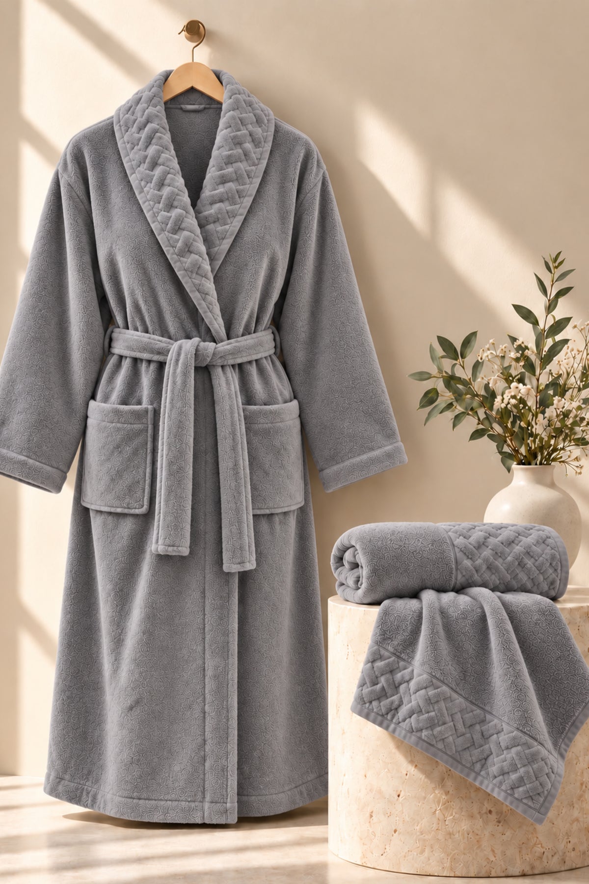 Луксозен спа комплект от три части Spa Trio Set GRAPHITE унисекс халат, две кърпи и подарък сапун