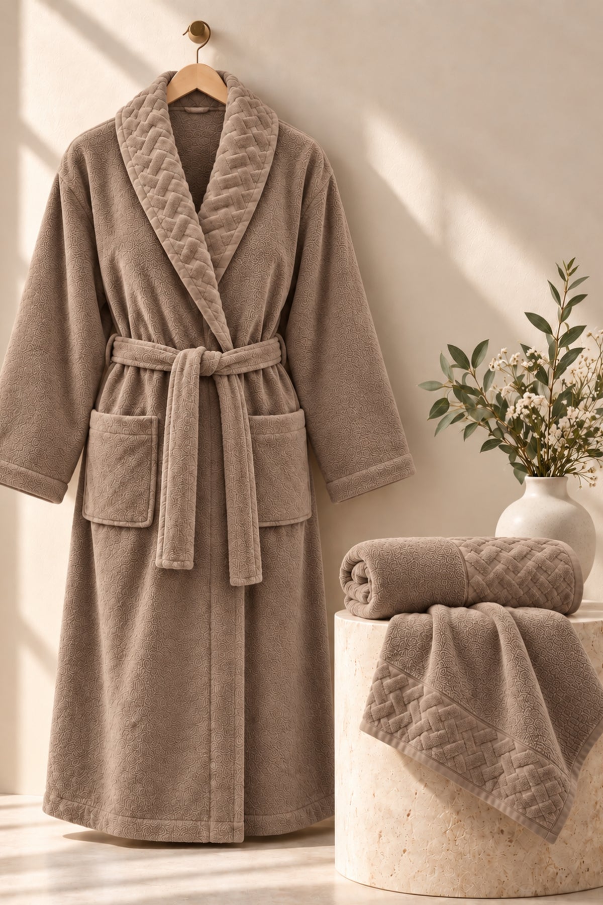 Луксозен спа комплект от три части Spa Trio Set MOCHA унисекс халат, две кърпи и подарък сапун