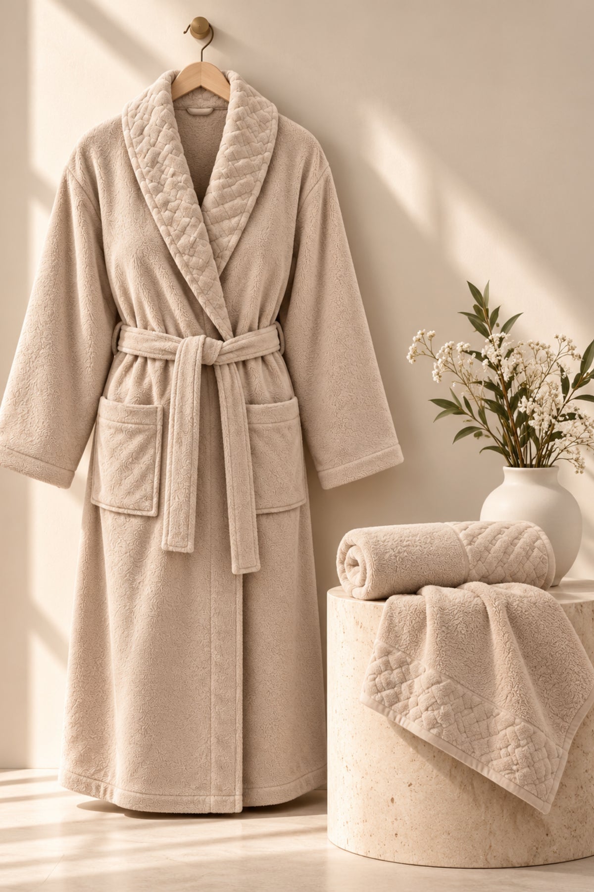 Луксозен спа комплект от три части Spa Trio Set SAND унисекс халат, две кърпи и подарък сапун