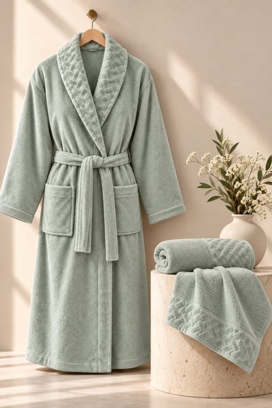 Луксозен спа комплект от три части Spa Trio Set VERDE унисекс халат, две кърпи и подарък сапун