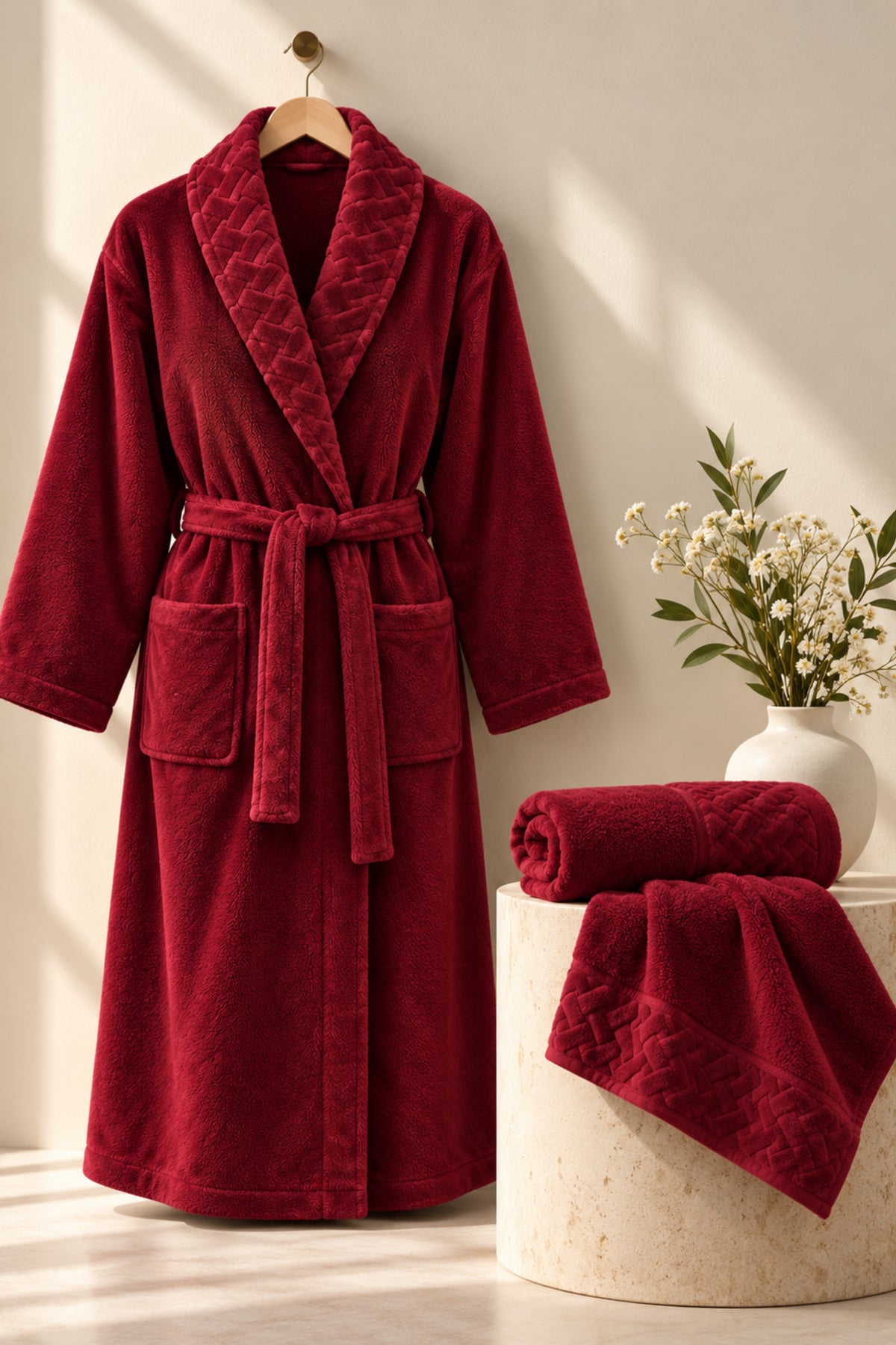 Луксозен спа комплект от три части Spa Trio Set MAROON унисекс халат, две кърпи и подарък сапун