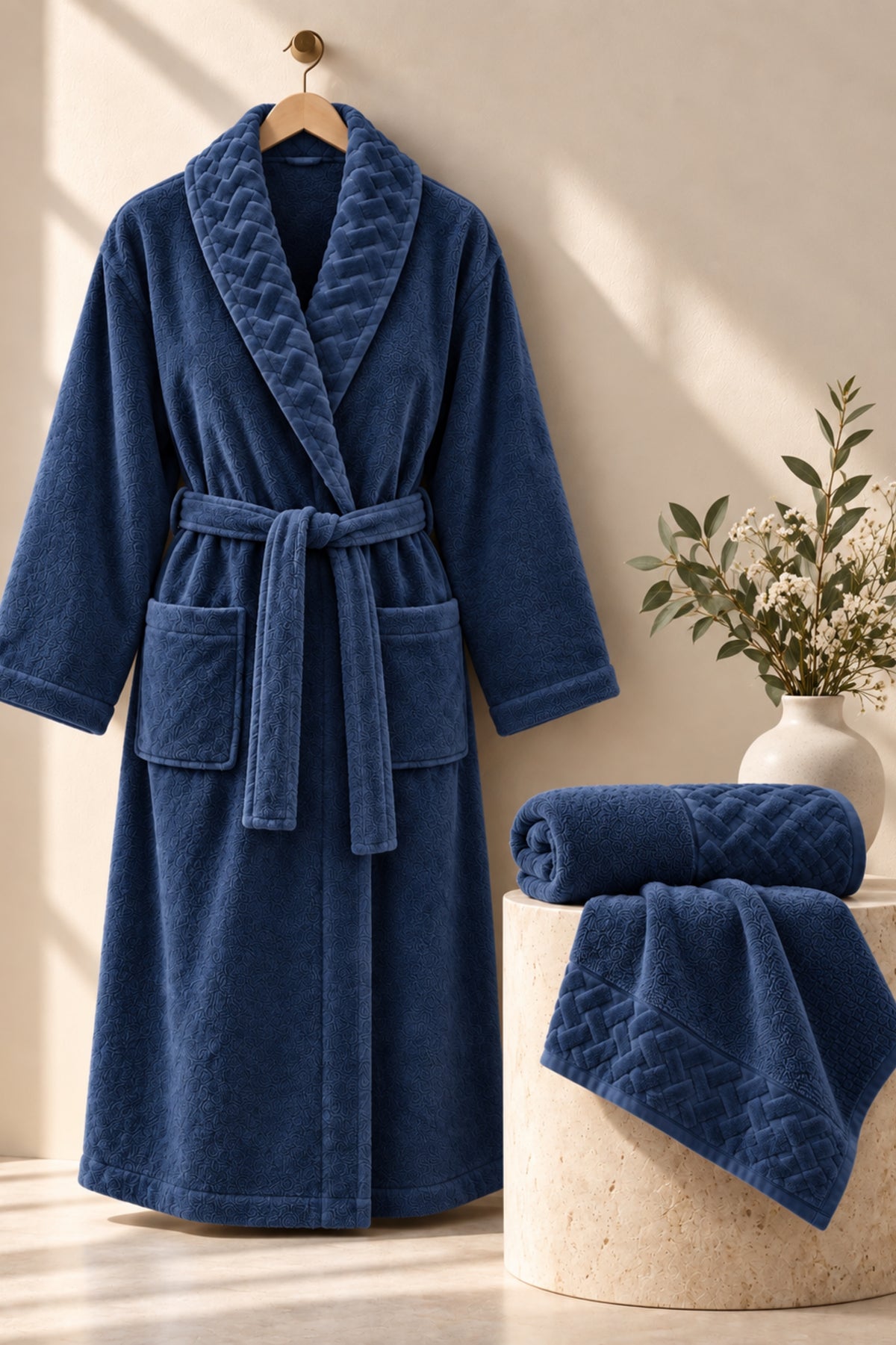 Луксозен спа комплект от три части Spa Trio Set DUSTY BLUE унисекс халат, две кърпи и подарък сапун