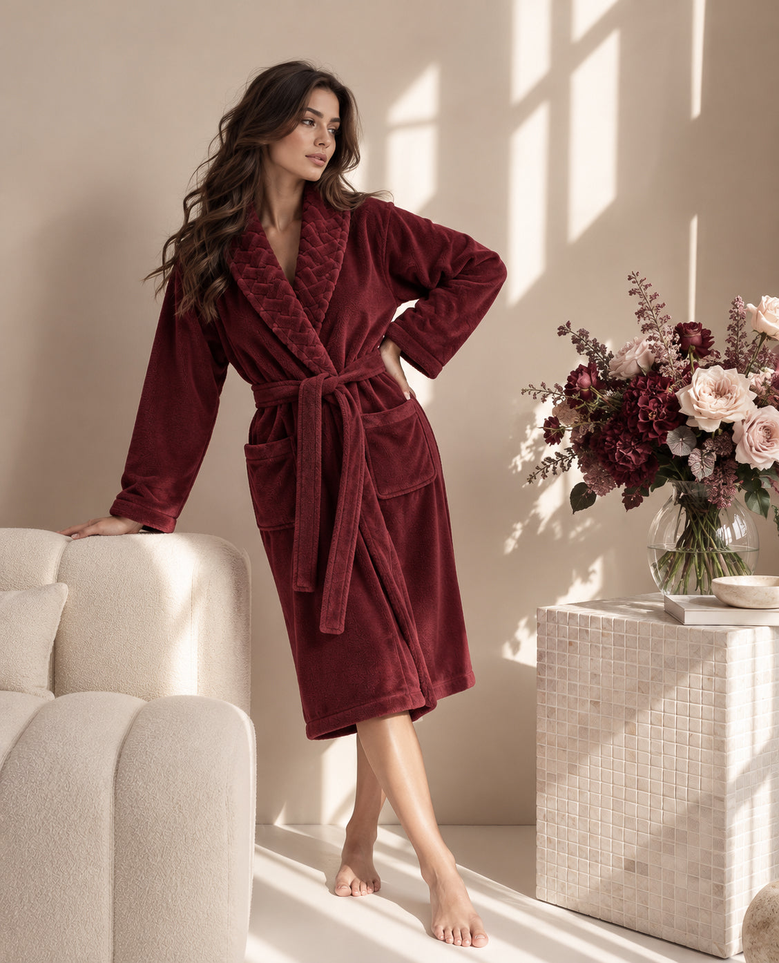 Луксозен спа комплект от три части Spa Trio Set MAROON унисекс халат, две кърпи и подарък сапун